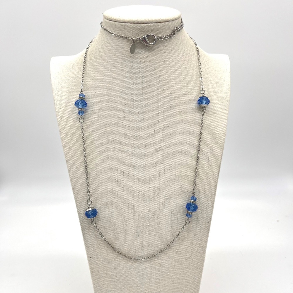 Chico's Silver Tone Blue Crystal Station Necklace Rhinestone‎ Accents Adjustable